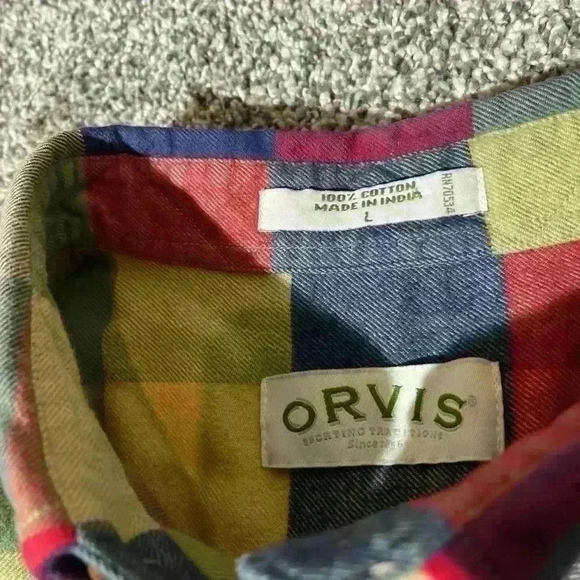Orvis Mens Flannel Shirt L Green Blue Red Plaid Cotton Button Down Collar - Picture 6 of 8